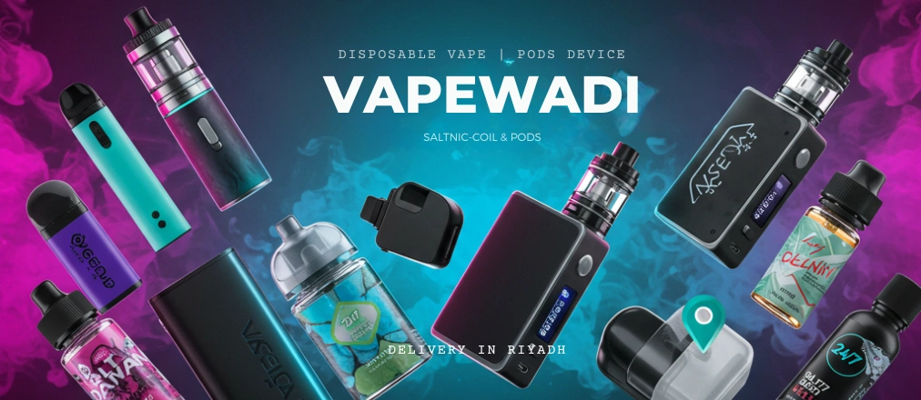 Vape Shop Riyadh 1 Vapewadi premium vaping products – disposable vapes, vape devices, pods, coils, Saltnic & Freebase e-liquids. Neon-lit banner with bold typography. Fast delivery in Riyadh.