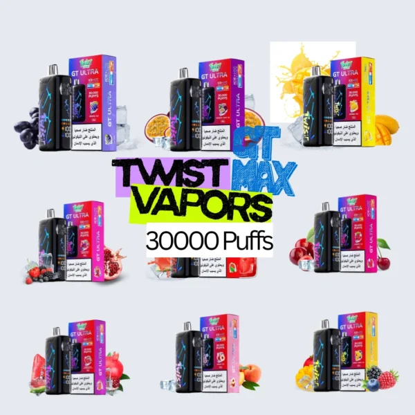 Image of a sleek Twist Vapors GT MAX 30000 Puffs disposable vape device, showcasing its compact design and indicating its high puff count, perfect for vapers in Riyadh